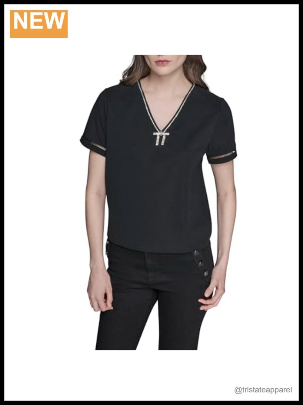 Short Sleeve Rhinestone Bow Blouse - 100% Polyester, Womens V-Neck